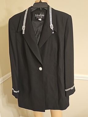 Moshita Couture Black Rhinestone-Trim Single-Button Blazer
